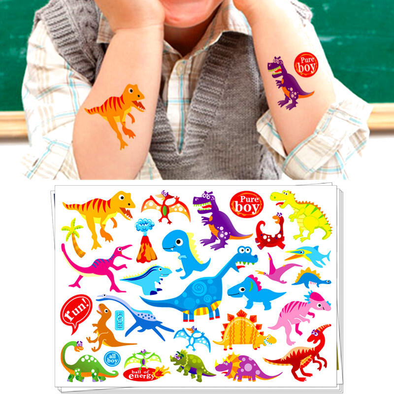licorne de Tatsy Tatouages temporaires pour des enfants fête filles et garcons dinosaure anniversaire design mignon et coloré 34 tatuages papillon feuille double
