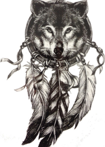 Faux tatouage tete de loup dans attrape-reve
